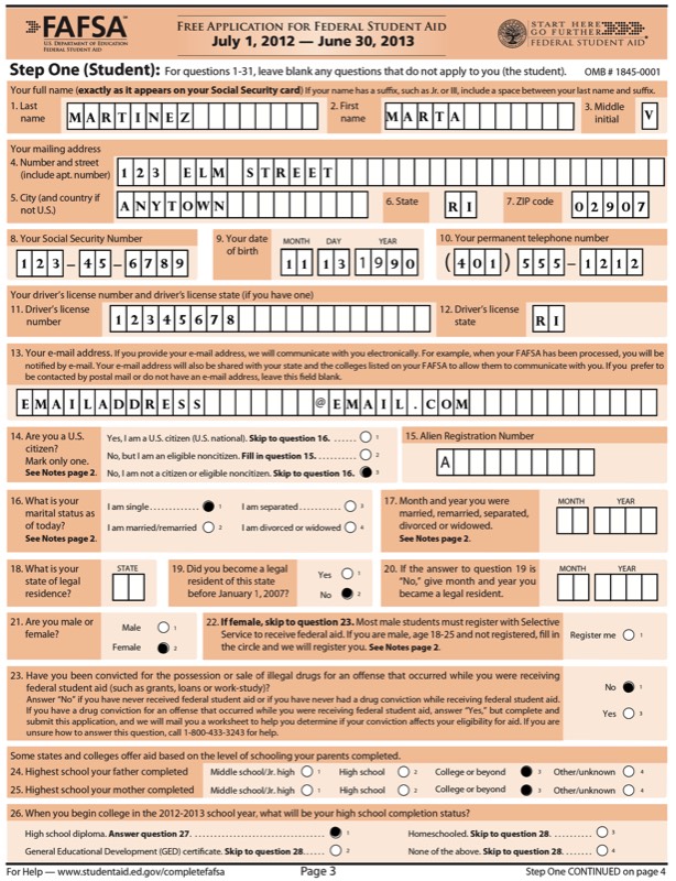 FAFSA Form - Example for DACA Student